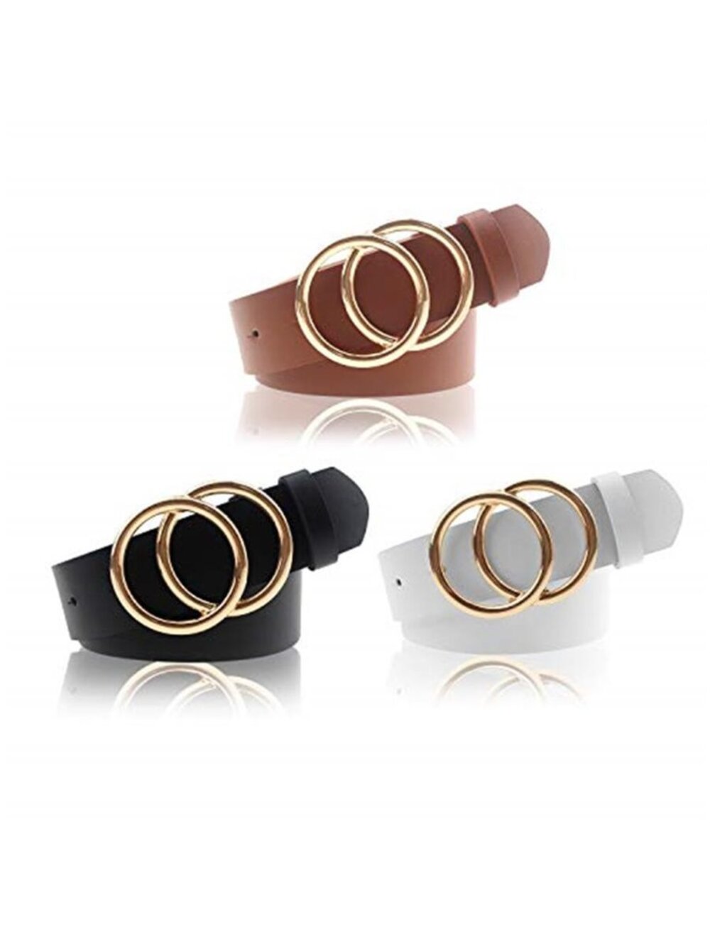 Womens Faux Leather Belts Double O Ring Buckle Black Brown White 3 Pack Fashion